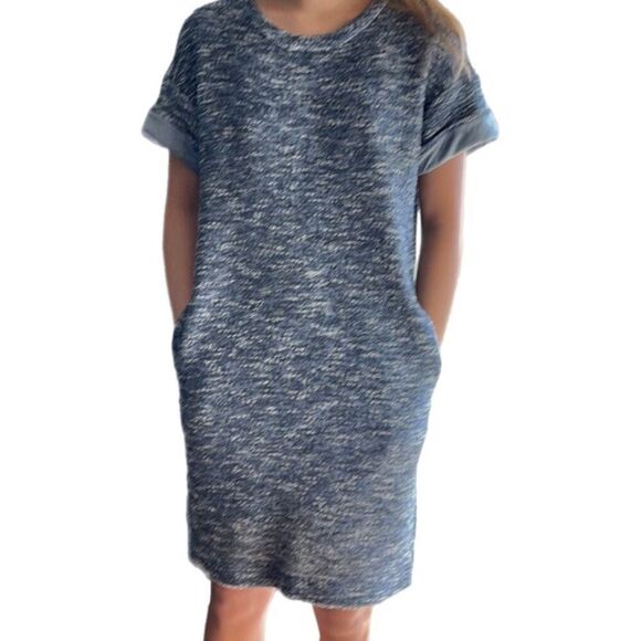 Vince Marled Tweed Blue Knit Rolled Cuff Short Sleeve Shift Dress Sz L - Picture 3 of 6
